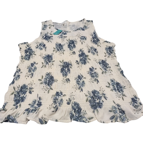 Maurices Wns Boho Floral Smocked White Blue Ruffle Sleeveless Blouse Size 3X NWT - Picture 3 of 8